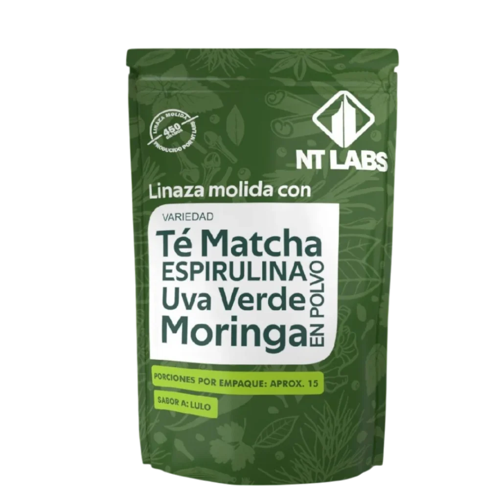 FIBRA DE LINAZA MOLIDA +TÉ MATCHA +ESPIRULINA UVA VERDE+MORINGA 450 GR NT LABS S.S.A